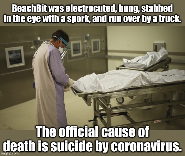 Coroner | BeachBit was electrocuted, hung, stabbed in the eye with a spork, and run over by a truck. The official cause of death is suicide by coronav | image tagged in coroner | made w/ Imgflip meme maker