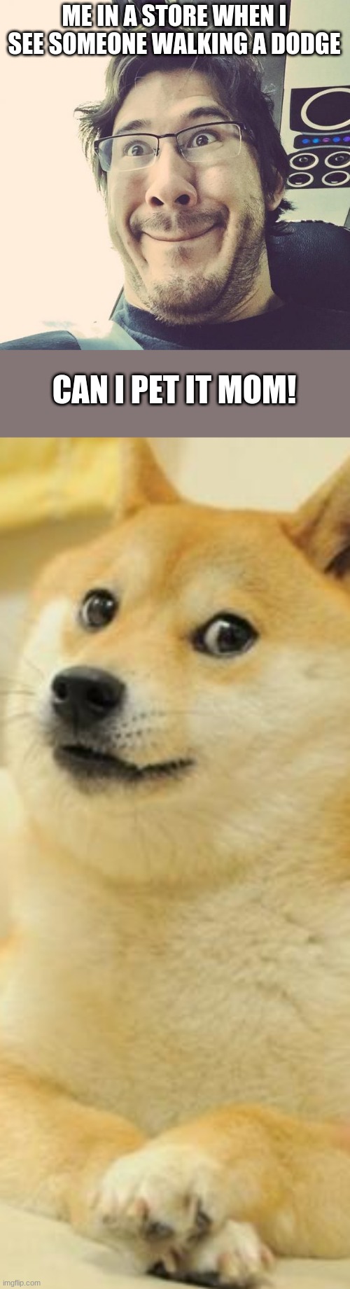 ME IN A STORE WHEN I SEE SOMEONE WALKING A DODGE; CAN I PET IT MOM! | image tagged in memes,doge 2,markiplier derp face | made w/ Imgflip meme maker