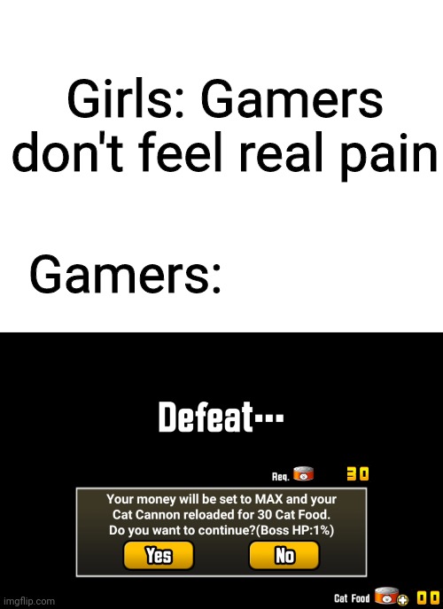 Girls: Gamers don't feel real pain; Gamers: | image tagged in battle cats | made w/ Imgflip meme maker