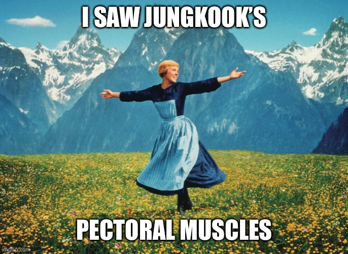 Hills are Alive | I SAW JUNGKOOK’S; PECTORAL MUSCLES | image tagged in hills are alive | made w/ Imgflip meme maker
