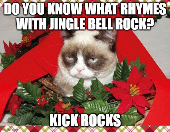 Grumpy Cat Christmas | DO YOU KNOW WHAT RHYMES WITH JINGLE BELL ROCK? KICK ROCKS | image tagged in grumpy cat christmas,memes,cats,funny,grumpy cat,christmas | made w/ Imgflip meme maker