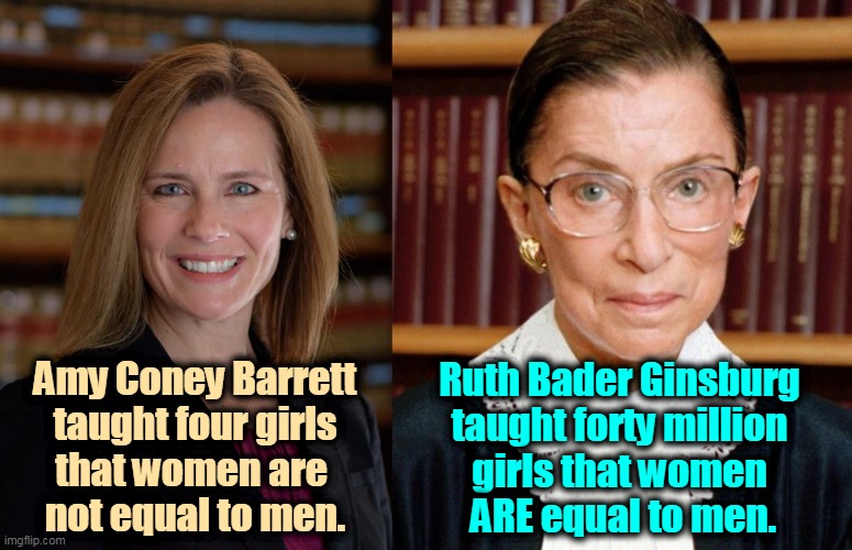 Misogynists, sit on it. | Amy Coney Barrett
 taught four girls 
that women are 
not equal to men. Ruth Bader Ginsburg 
taught forty million 
girls that women 
ARE equal to men. | image tagged in ruth bader ginsberg,amy coney barrett,girls,equality,gender equality | made w/ Imgflip meme maker