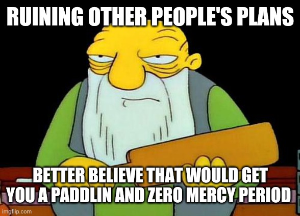 That's a paddlin' | RUINING OTHER PEOPLE'S PLANS; BETTER BELIEVE THAT WOULD GET YOU A PADDLIN AND ZERO MERCY PERIOD | image tagged in memes,that's a paddlin' | made w/ Imgflip meme maker