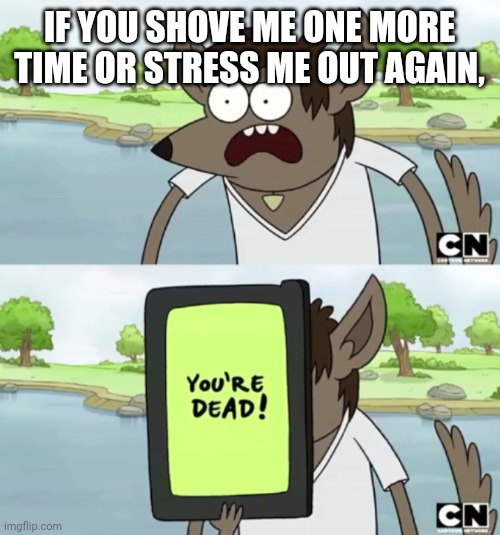 You Wanna See My Phone | IF YOU SHOVE ME ONE MORE TIME OR STRESS ME OUT AGAIN, | image tagged in you wanna see my phone,memes,regular show | made w/ Imgflip meme maker