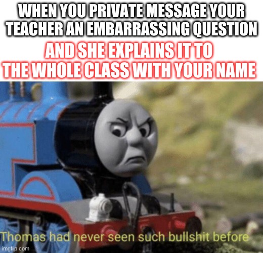 Online School Meme | WHEN YOU PRIVATE MESSAGE YOUR TEACHER AN EMBARRASSING QUESTION; AND SHE EXPLAINS IT TO THE WHOLE CLASS WITH YOUR NAME | image tagged in thomas had never seen such bullshit before | made w/ Imgflip meme maker