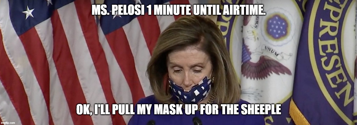 Hypocrisy | MS. PELOSI 1 MINUTE UNTIL AIRTIME. OK, I'LL PULL MY MASK UP FOR THE SHEEPLE | image tagged in nancy pelosi,liberal hypocrisy,sheeple | made w/ Imgflip meme maker