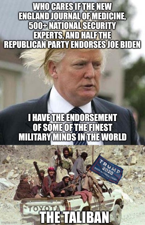 WHO CARES IF THE NEW ENGLAND JOURNAL OF MEDICINE, 500+ NATIONAL SECURITY EXPERTS, AND HALF THE REPUBLICAN PARTY ENDORSES JOE BIDEN; I HAVE THE ENDORSEMENT OF SOME OF THE FINEST MILITARY MINDS IN THE WORLD; THE TALIBAN | image tagged in donald trump,donald trump is an idiot,election 2020 | made w/ Imgflip meme maker