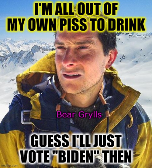 New Bear Grylls show: Man vs America | I'M ALL OUT OF MY OWN PISS TO DRINK; Bear Grylls; GUESS I'LL JUST VOTE "BIDEN" THEN | image tagged in memes,bear grylls,funny,funny memes,mxm | made w/ Imgflip meme maker