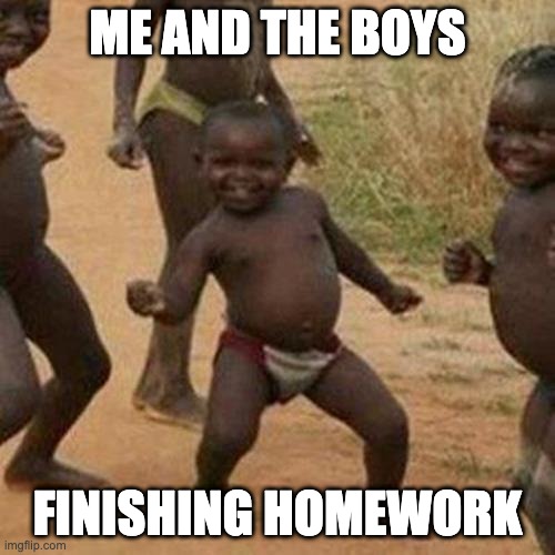 happiness | ME AND THE BOYS; FINISHING HOMEWORK | image tagged in memes,third world success kid | made w/ Imgflip meme maker