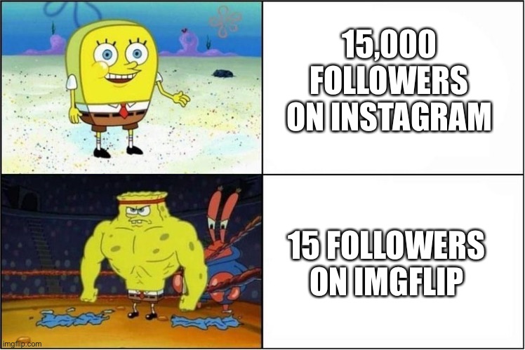 Instagram is easy | 15,000 FOLLOWERS ON INSTAGRAM; 15 FOLLOWERS ON IMGFLIP | image tagged in weak vs strong spongebob | made w/ Imgflip meme maker