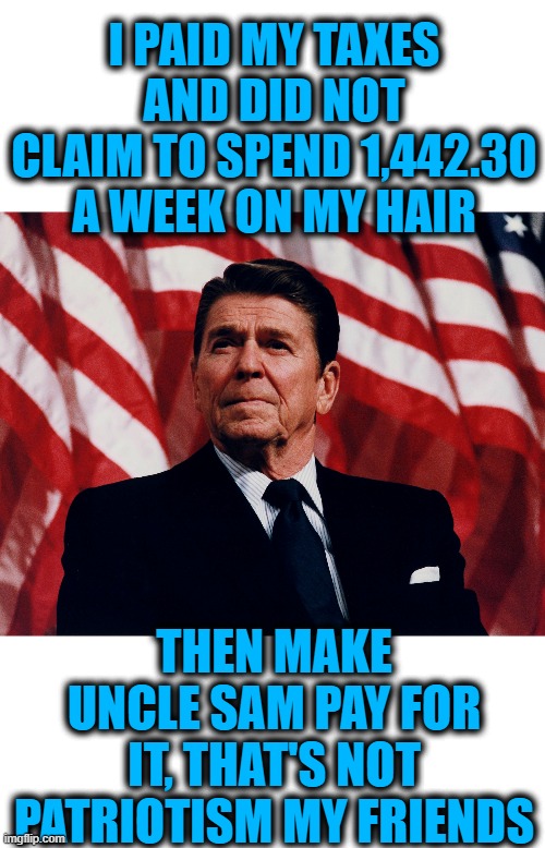 Farmers too dim to realize, that 70k trump did not pay, they did. | I PAID MY TAXES AND DID NOT CLAIM TO SPEND 1,442.30 A WEEK ON MY HAIR; THEN MAKE UNCLE SAM PAY FOR IT, THAT'S NOT PATRIOTISM MY FRIENDS | image tagged in ronald regan,patriotism,maga,impeach trump,politics,memes | made w/ Imgflip meme maker