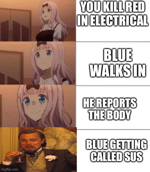 Among Sus Meme | YOU KILL RED IN ELECTRICAL; BLUE WALKS IN; HE REPORTS THE BODY; BLUE GETTING CALLED SUS | image tagged in chika template | made w/ Imgflip meme maker