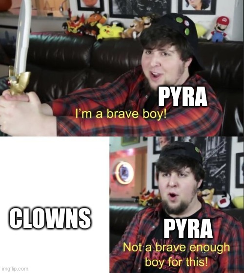 Fun fact: Pyra has a fear of clowns | PYRA; CLOWNS; PYRA | image tagged in jontron | made w/ Imgflip meme maker