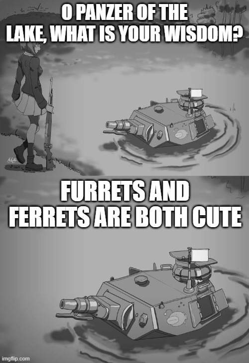 he speaks the truth | O PANZER OF THE LAKE, WHAT IS YOUR WISDOM? FURRETS AND FERRETS ARE BOTH CUTE | image tagged in panzer of the lake anime,memes,furret,ferret | made w/ Imgflip meme maker
