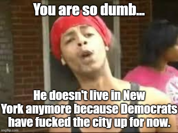 You Are So Dumb | You are so dumb... He doesn't live in New York anymore because Democrats have fucked the city up for now. | image tagged in you are so dumb | made w/ Imgflip meme maker