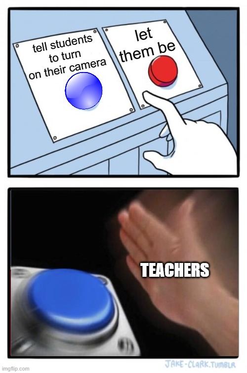 Just why... Online school sucks :/ | let them be; tell students to turn on their camera; TEACHERS | image tagged in memes,two buttons,teacher,online school,camera | made w/ Imgflip meme maker