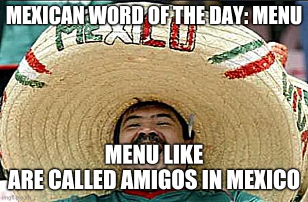 mexican word of the day | MEXICAN WORD OF THE DAY: MENU; MENU LIKE
ARE CALLED AMIGOS IN MEXICO | image tagged in mexican word of the day | made w/ Imgflip meme maker