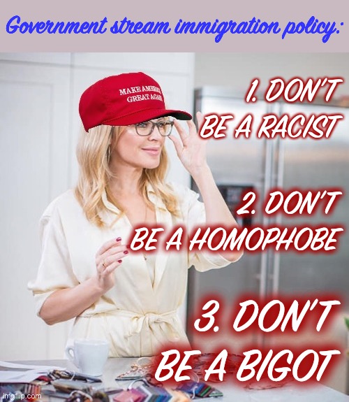 [Need help defining these terms? Just ask!] | Government stream immigration policy:; 1. DON’T BE A RACIST; 2. DON’T BE A HOMOPHOBE; 3. DON’T BE A BIGOT | image tagged in maga kylie,bigotry,racist,homophobe | made w/ Imgflip meme maker