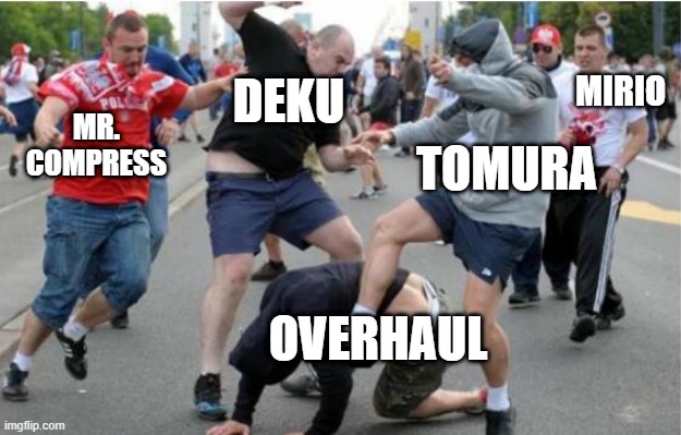 Beating up | DEKU; MIRIO; MR. COMPRESS; TOMURA; OVERHAUL | image tagged in beating up | made w/ Imgflip meme maker