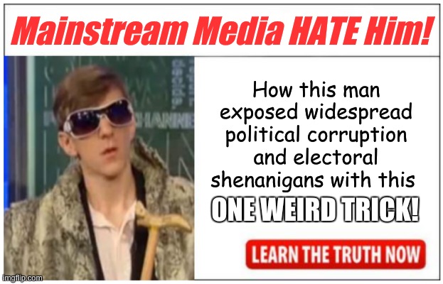 He be pimpin' that sweet journalistic integrity | Mainstream Media HATE Him! How this man exposed widespread political corruption and electoral shenanigans with this; ONE WEIRD TRICK! | image tagged in election fraud,journalism,politics,political meme | made w/ Imgflip meme maker