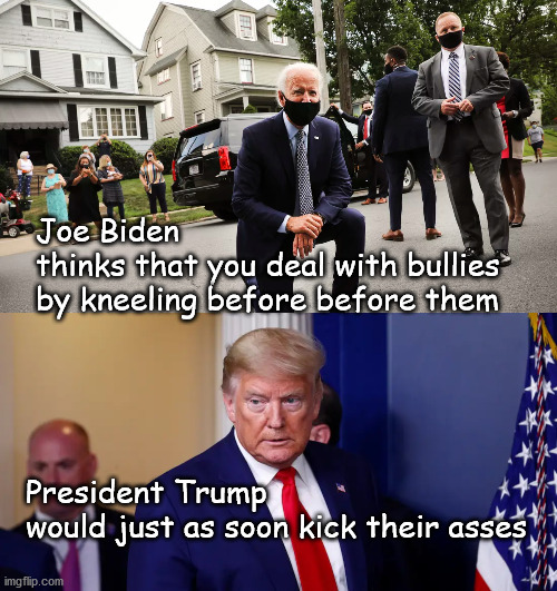 kneeling before bullies | Joe Biden
thinks that you deal with bullies
by kneeling before before them; President Trump
would just as soon kick their asses | image tagged in politics | made w/ Imgflip meme maker