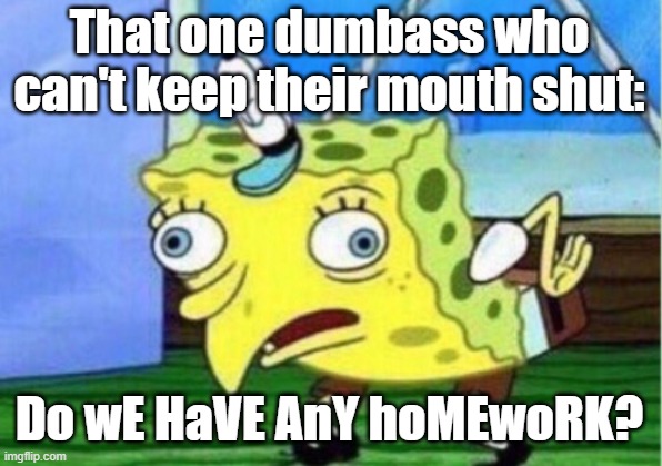 Mocking Spongebob Meme | That one dumbass who can't keep their mouth shut: Do wE HaVE AnY hoMEwoRK? | image tagged in memes,mocking spongebob | made w/ Imgflip meme maker