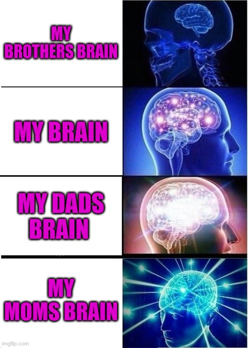 the family brains | MY BROTHERS BRAIN; MY BRAIN; MY DADS BRAIN; MY MOMS BRAIN | image tagged in memes,expanding brain | made w/ Imgflip meme maker