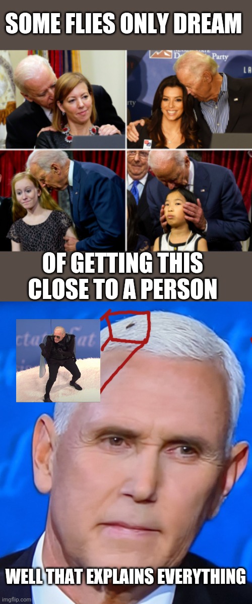 Creepy Joe Flyden | SOME FLIES ONLY DREAM; OF GETTING THIS CLOSE TO A PERSON; WELL THAT EXPLAINS EVERYTHING | image tagged in creepy joe biden | made w/ Imgflip meme maker