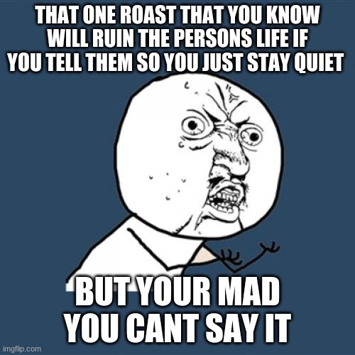Y U No Meme | THAT ONE ROAST THAT YOU KNOW WILL RUIN THE PERSONS LIFE IF YOU TELL THEM SO YOU JUST STAY QUIET; BUT YOUR MAD YOU CANT SAY IT | image tagged in memes,y u no | made w/ Imgflip meme maker