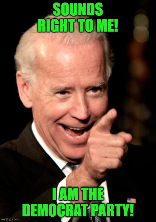 Smilin Biden Meme | SOUNDS RIGHT TO ME! I AM THE DEMOCRAT PARTY! | image tagged in memes,smilin biden | made w/ Imgflip meme maker