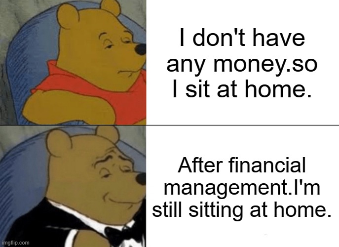 Tuxedo Winnie The Pooh Meme | I don't have any money.so I sit at home. After financial management.I'm still sitting at home. | image tagged in memes,tuxedo winnie the pooh | made w/ Imgflip meme maker