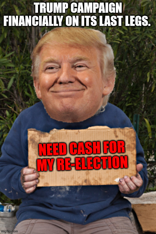 In the real world, he'd just file for bankruptcy. | TRUMP CAMPAIGN FINANCIALLY ON ITS LAST LEGS. NEED CASH FOR MY RE-ELECTION | image tagged in homeless sign,trump campaign,going broke | made w/ Imgflip meme maker