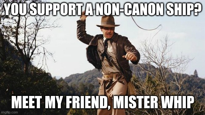 Indiana Jones Whip | YOU SUPPORT A NON-CANON SHIP? MEET MY FRIEND, MISTER WHIP | image tagged in indiana jones whip | made w/ Imgflip meme maker