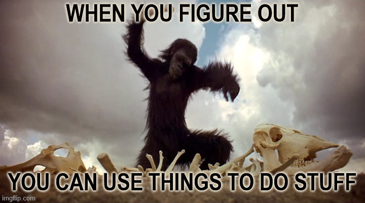 WHEN YOU FIGURE OUT; YOU CAN USE THINGS TO DO STUFF | image tagged in 2001 a space odyssey,ape,intelligence,learning,human evolution,awesome | made w/ Imgflip meme maker