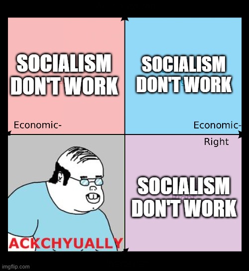 Political compass | SOCIALISM DON'T WORK; SOCIALISM DON'T WORK; SOCIALISM DON'T WORK | image tagged in political compass,memes,left,right,ackchyually | made w/ Imgflip meme maker