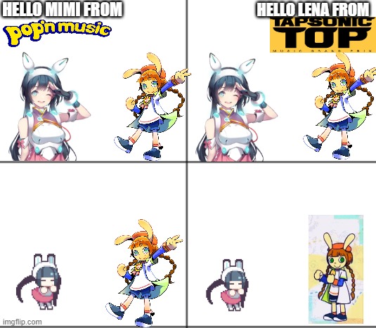 4 blank panels | HELLO MIMI FROM; HELLO LENA FROM | image tagged in 4 blank panels | made w/ Imgflip meme maker