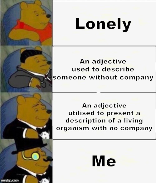 The sad reality | Lonely; An adjective used to describe someone without company; An adjective utilised to present a description of a living organism with no company; Me | image tagged in tuxedo winnie the pooh 4 panel | made w/ Imgflip meme maker