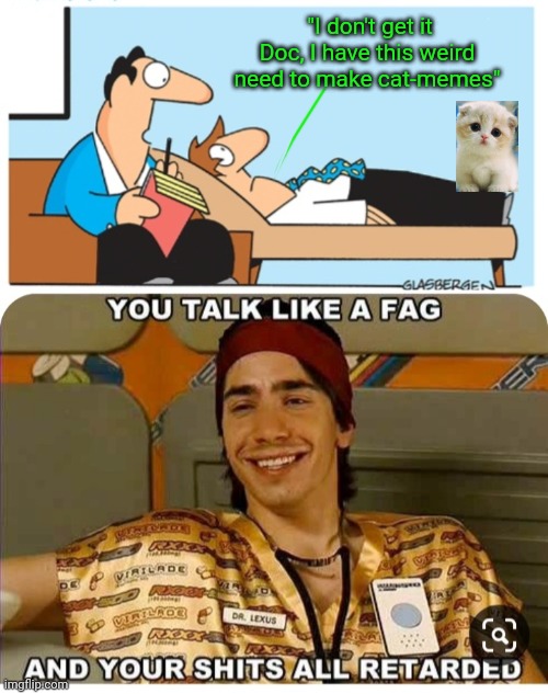 My life in a nutshell | "I don't get it Doc, I have this weird need to make cat-memes" | image tagged in cats,meming | made w/ Imgflip meme maker