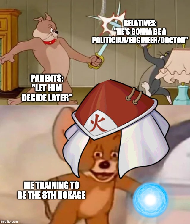 Hokage | RELATIVES:
"HE'S GONNA BE A POLITICIAN/ENGINEER/DOCTOR"; PARENTS:
"LET HIM DECIDE LATER"; ME TRAINING TO BE THE 8TH HOKAGE | image tagged in tom and spike fighting | made w/ Imgflip meme maker