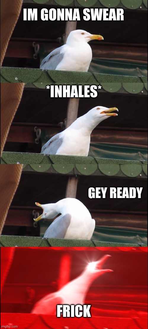 Inhaling Seagull | IM GONNA SWEAR; *INHALES*; GEY READY; FRICK | image tagged in memes,inhaling seagull | made w/ Imgflip meme maker