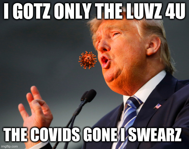 i gotz only the luvz 4u | I GOTZ ONLY THE LUVZ 4U; THE COVIDS GONE I SWEARZ | image tagged in trump,covid-19 | made w/ Imgflip meme maker