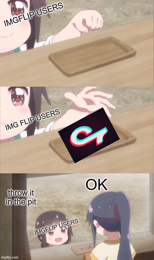 the imgflip community be like | IMGFLIP USERS; IMG FLIP USERS; OK; throw it in the pit; IMGFLIP USERS | image tagged in yuu buys a cookie,tik tok,imgflip,imgflip users | made w/ Imgflip meme maker
