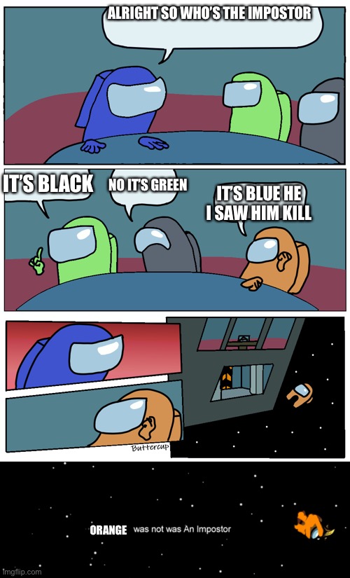 How every meeting goes | ALRIGHT SO WHO’S THE IMPOSTOR; IT’S BLACK; NO IT’S GREEN; IT’S BLUE HE I SAW HIM KILL; ORANGE | image tagged in among us meeting,among us not the imposter | made w/ Imgflip meme maker