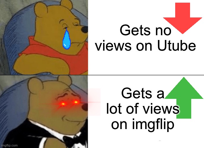 Utube vs imgflip | Gets no views on Utube; Gets a lot of views on imgflip | image tagged in memes,tuxedo winnie the pooh,youtuber | made w/ Imgflip meme maker