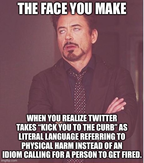 Jim Utter is weak, and so is Twitter. | THE FACE YOU MAKE; WHEN YOU REALIZE TWITTER TAKES “KICK YOU TO THE CURB” AS LITERAL LANGUAGE REFERRING TO PHYSICAL HARM INSTEAD OF AN IDIOM CALLING FOR A PERSON TO GET FIRED. | image tagged in memes,face you make robert downey jr,twitter,jim utter,sucks,word | made w/ Imgflip meme maker