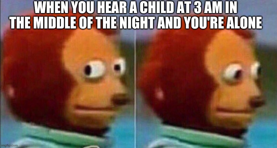 3 AM Creepy Shit | WHEN YOU HEAR A CHILD AT 3 AM IN THE MIDDLE OF THE NIGHT AND YOU'RE ALONE | image tagged in monkey looking away,so true memes,memes,scary,ghosts,haunted | made w/ Imgflip meme maker