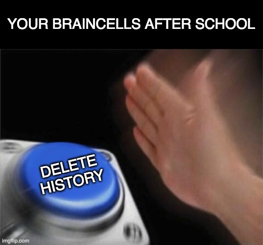 yep this happens to me | YOUR BRAINCELLS AFTER SCHOOL; DELETE HISTORY | image tagged in memes,blank nut button,school | made w/ Imgflip meme maker