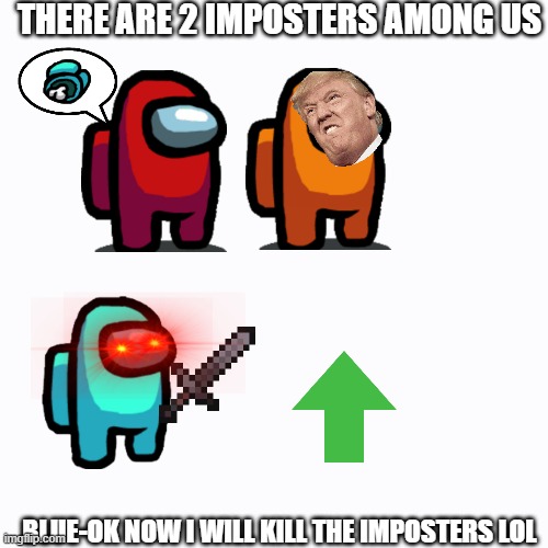 What happens if you and your friend tells that we are the imposters | THERE ARE 2 IMPOSTERS AMONG US; BLUE-OK NOW I WILL KILL THE IMPOSTERS LOL | image tagged in funny memes | made w/ Imgflip meme maker