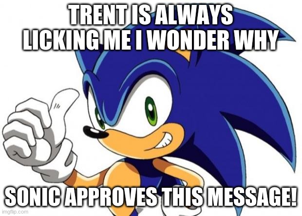 Sonic The Hedgehog Approves |  TRENT IS ALWAYS LICKING ME I WONDER WHY; SONIC APPROVES THIS MESSAGE! | image tagged in sonic the hedgehog approves | made w/ Imgflip meme maker