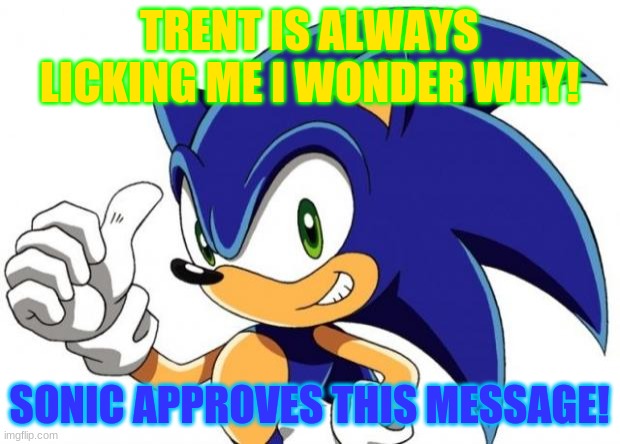 Sonic The Hedgehog Approves |  TRENT IS ALWAYS LICKING ME I WONDER WHY! SONIC APPROVES THIS MESSAGE! | image tagged in sonic the hedgehog approves | made w/ Imgflip meme maker